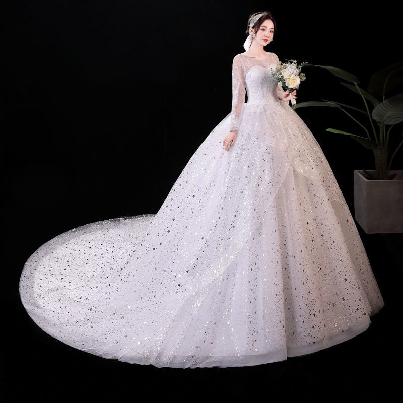 151 READY STOCK Gaun Pengantin Bordir Renda Lengan Panjang Putih Gaun Ballgown Pengantin Ekor Panjan