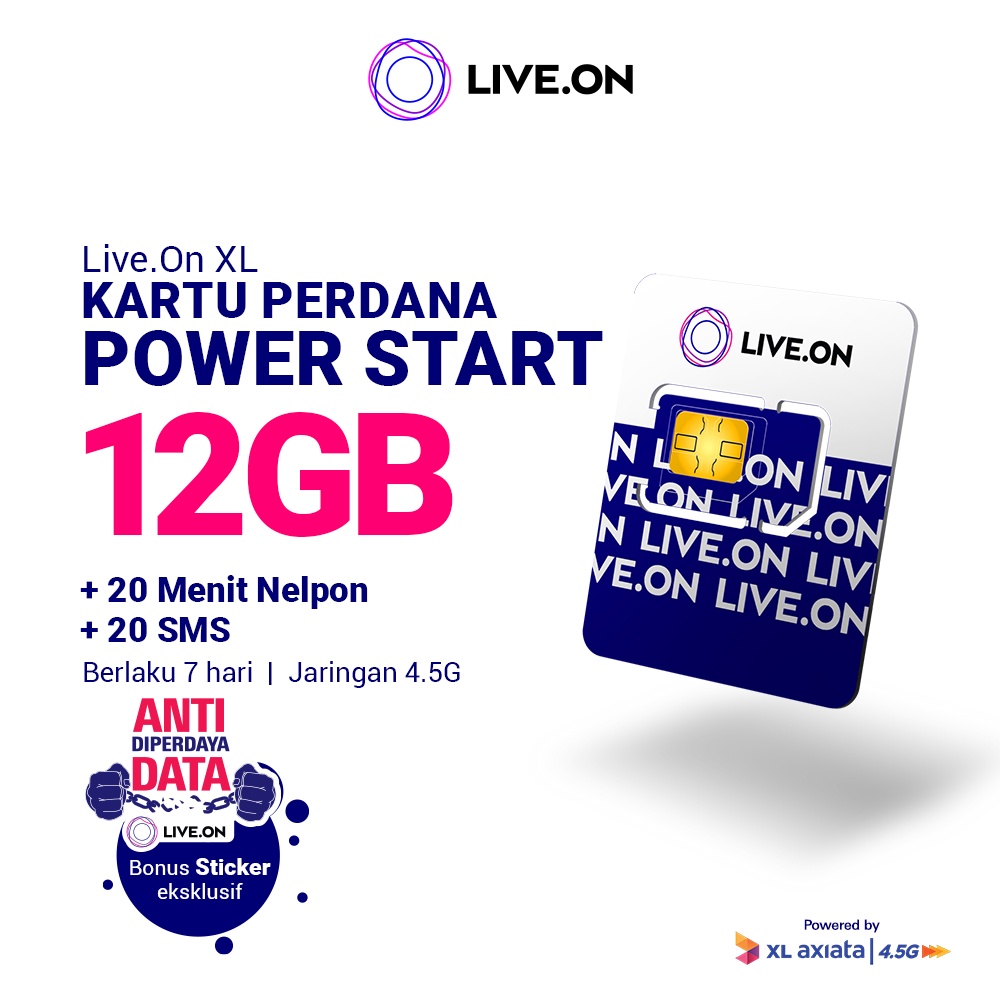 Kartu Perdana Live.On Power Start 12GB (7 hari) Jaringan 4.5G Gratis 20 Menit Nelpon + 20 SMS+ Sticker D