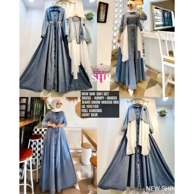 NEW SHR 3IN1 SET DRESS - ROMPI - BROSS JEANS SNOW WASSH MIX LD108/140 FULL KANCING 100%ORI SHR