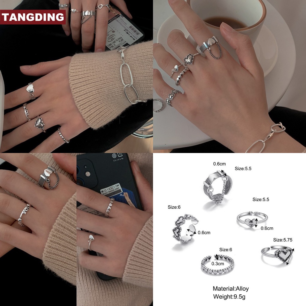 5pcs / set Cincin Rantai Geometris Model Terbuka Gaya Retro Untuk Wanita