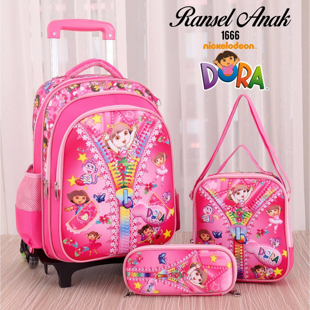 (RK)Tas Troli Anak Perempuan Cewek TK SD Dora Explorer 3in1 3D Timbul 3 Roda