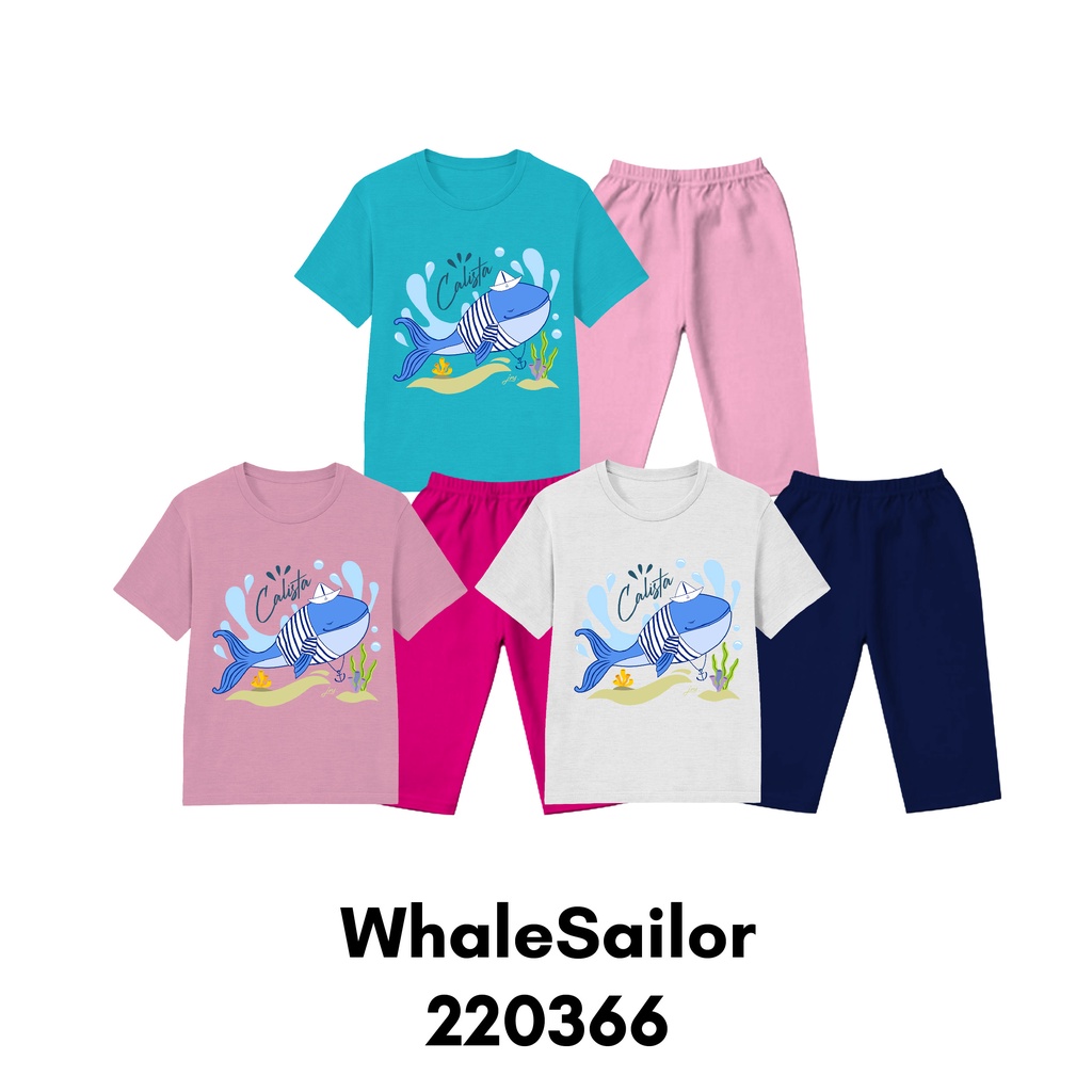 Piyama Anak Lengan Pendek Love Whale Untuk Usia 2-8 Tahun Bahan Katun Combed 30s