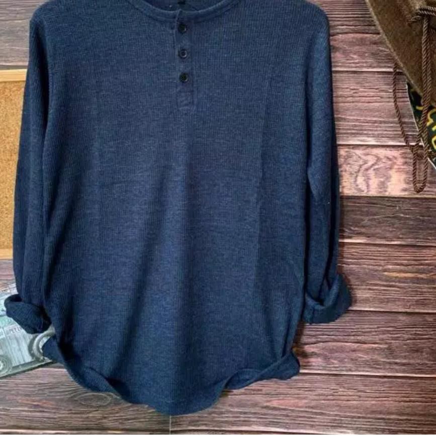 ✳ Kaos Kancing Pria Lengan Panjang Henley Roxy Blue Navy ❇