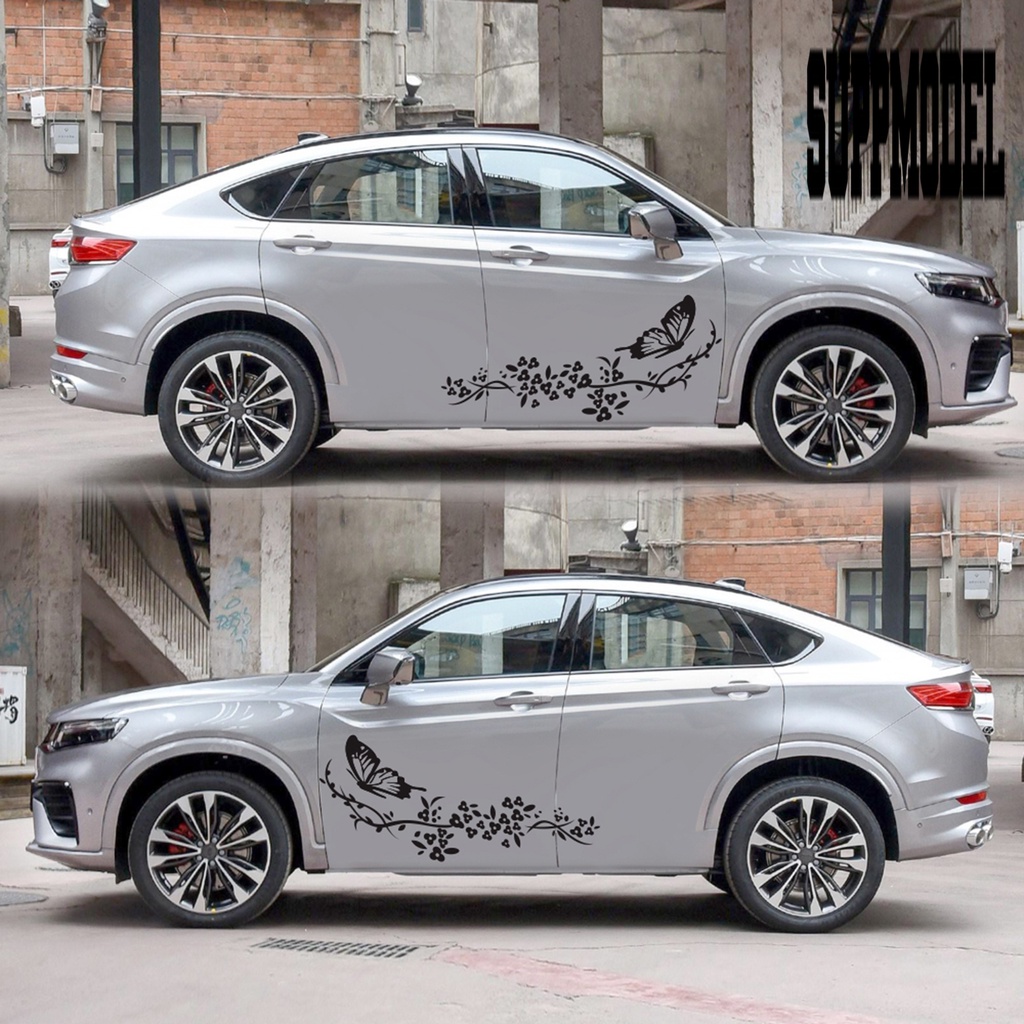 2pcs Stiker Decal Motif Kupu-Kupu + Bunga Tahan Air Untuk Body Mobil ATV