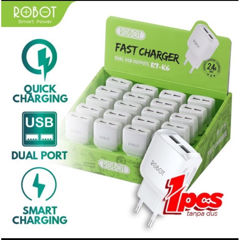 Robot RT-K6 Charger 2.4A Fast Charger - Charger Dual Port Robot RT K6 Original