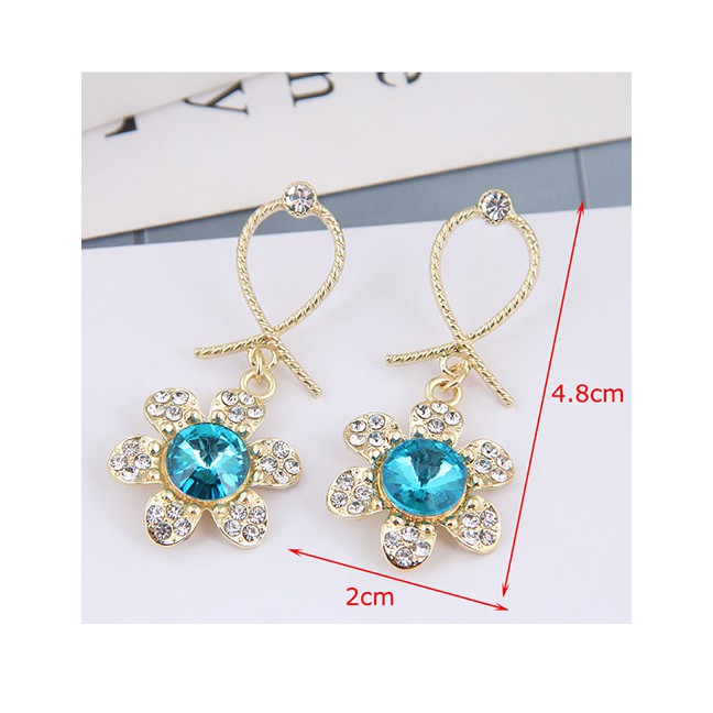 LRC Anting Tusuk Fashion Blue Cross Alloy Earrings With Diamonds And Flowers  A62061