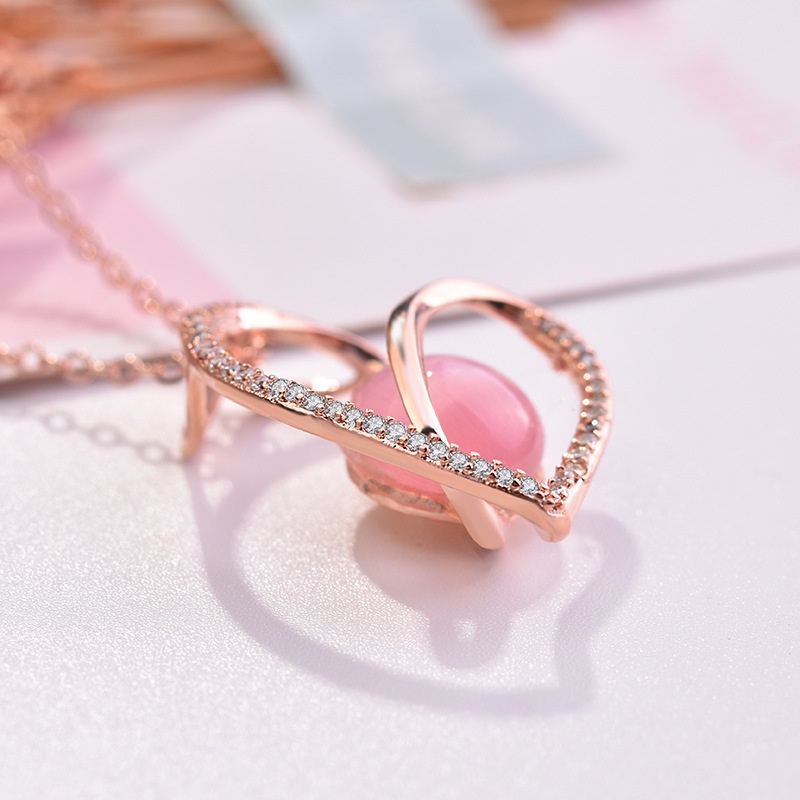 [Ready Stock]Fashion Inlaid Pink Crystal Necklace Sweet Loving Heart Pendant