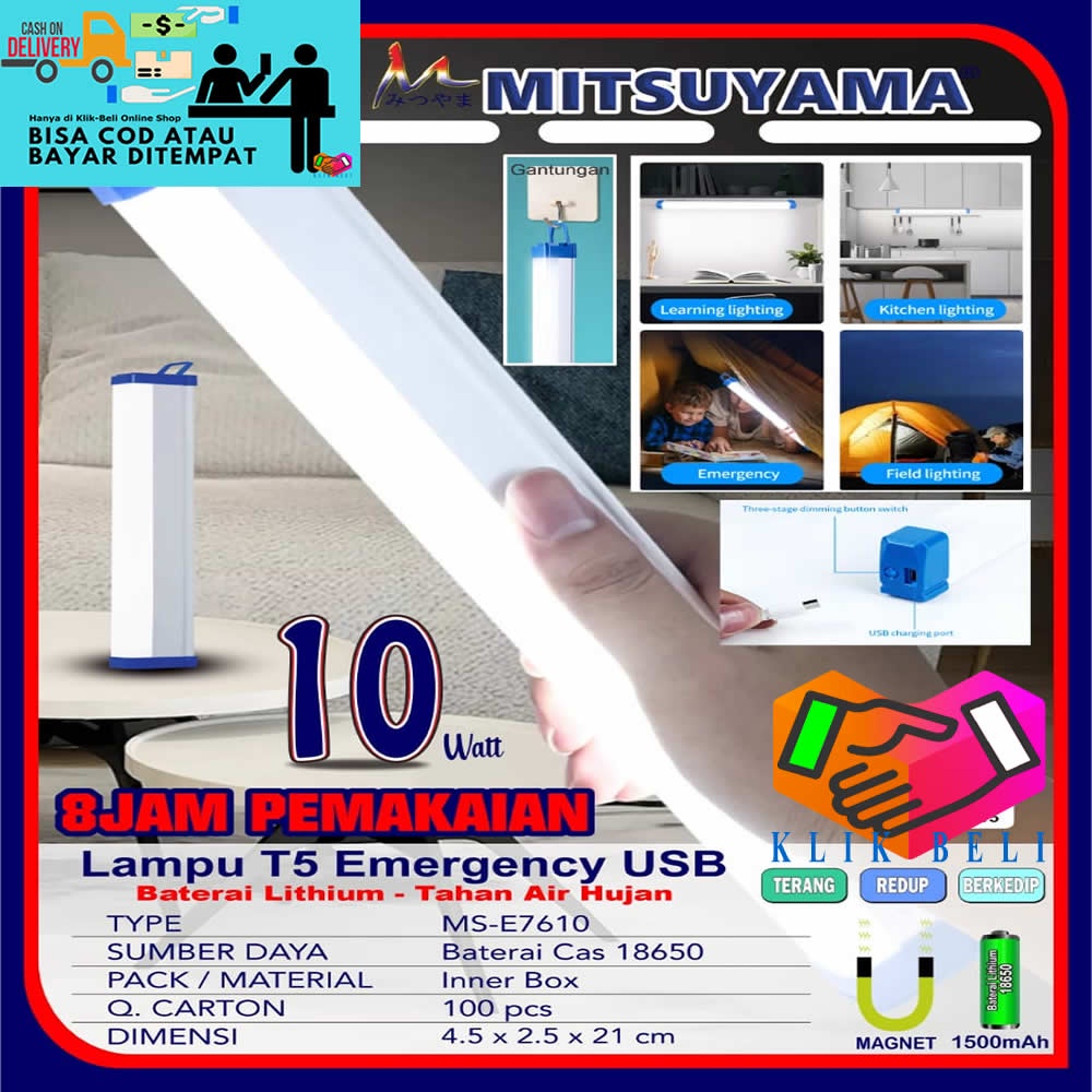 Lampu T5 USB Emergency Mitsuyama Charger Portable LED 5V Bohlam SMD Putih Rechargeable 10W / 15W / 30W