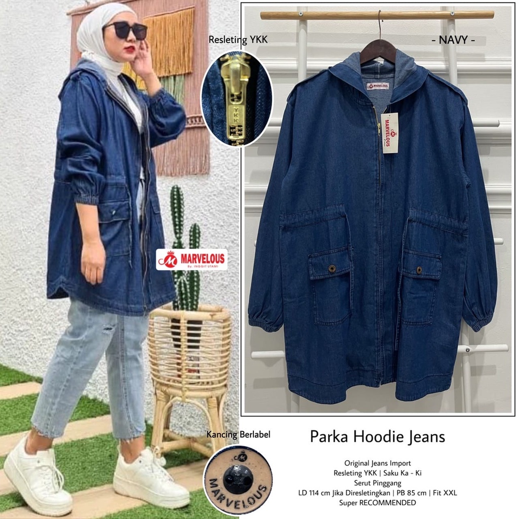 PARKA HOODIE JEANS BY MARVELOUS OUTER JAKET PARKA JEANS WANITA CASUAL TERBARU BAHAN ORIGINAL JEANS I