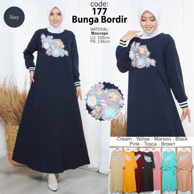 Gamis MURAH bunga bordir  bahan mosscrepe