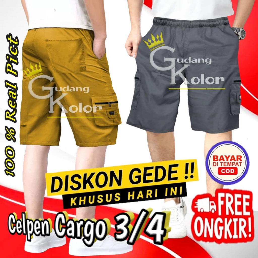 Celana Pendek Cargo Pria Cwok 3/4 Santai Cowok Dewasa Bahan Katun Boss Kargo Polos Pinggang Kolor Mo
