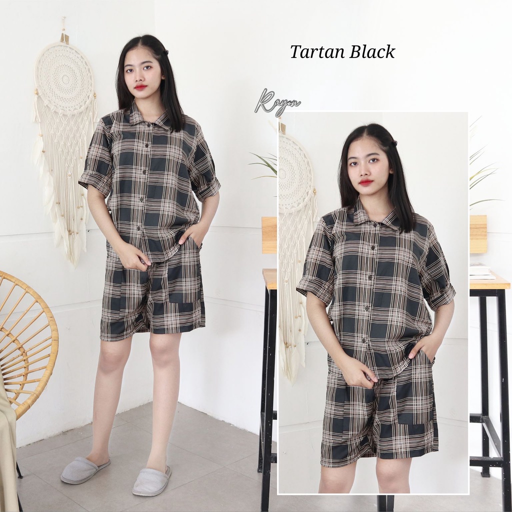 IZANY Piyama Dewasa Hotpant Lengan Balon / HP / Set Celana Pendek Dewasa banyak varian RAYON-TARTAN BLACK RA
