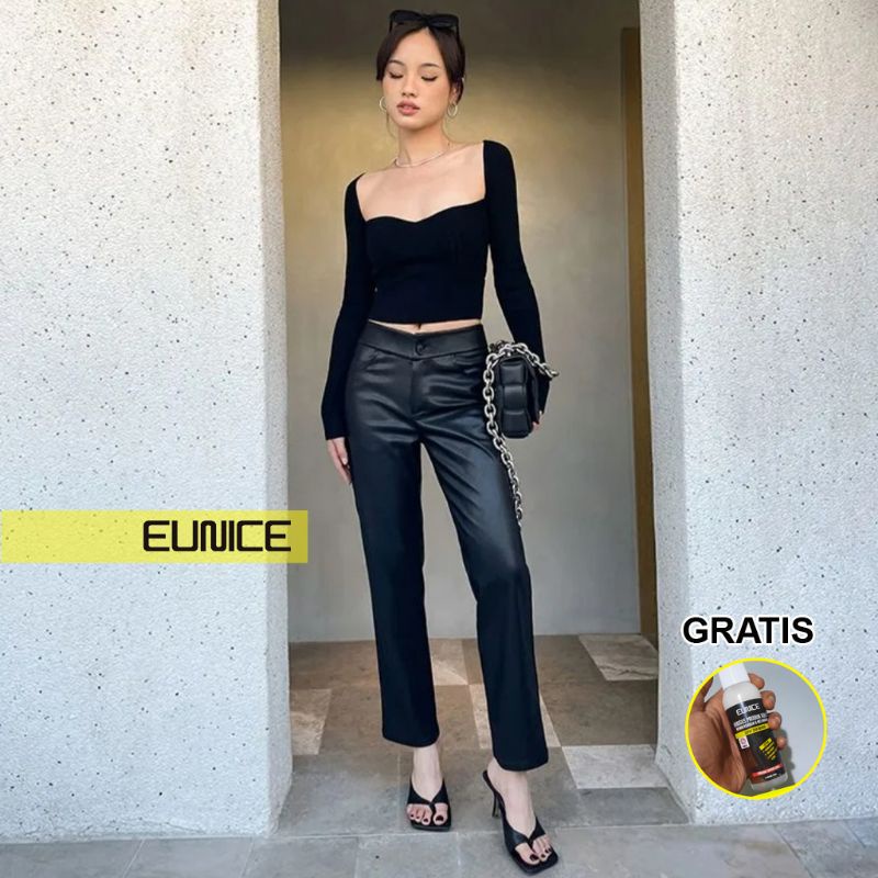Eunice Faux Leather Crop Straight Leg Pants Celana Kulit Wanita - Black