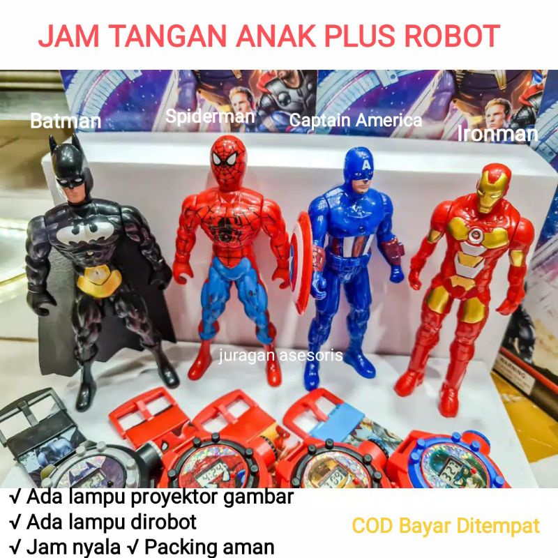 Jam Tangan Anak Robot Cowok Karakter Proyektor Laser Gambar Lucu Mainan Spiderman Batman Ironman