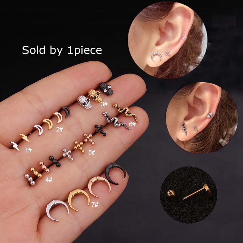 1pc Anting Desain Tengkorak Ular Bahan Stainless Steel Panjang 6mm Untuk Unisex