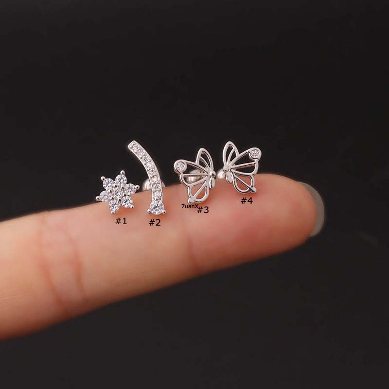 1pc Anting Stud Tindik Bentuk Bunga Kupu-Kupu Bahan Stainless Steel 16Gauge Dengan Zircon Untuk Wanita