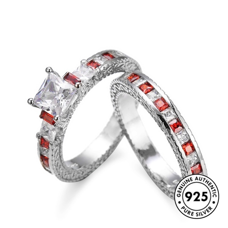 Set Cincin Sterling Silver 925 Dengan Batu Ruby Bentuk Kotak Untuk Wanita