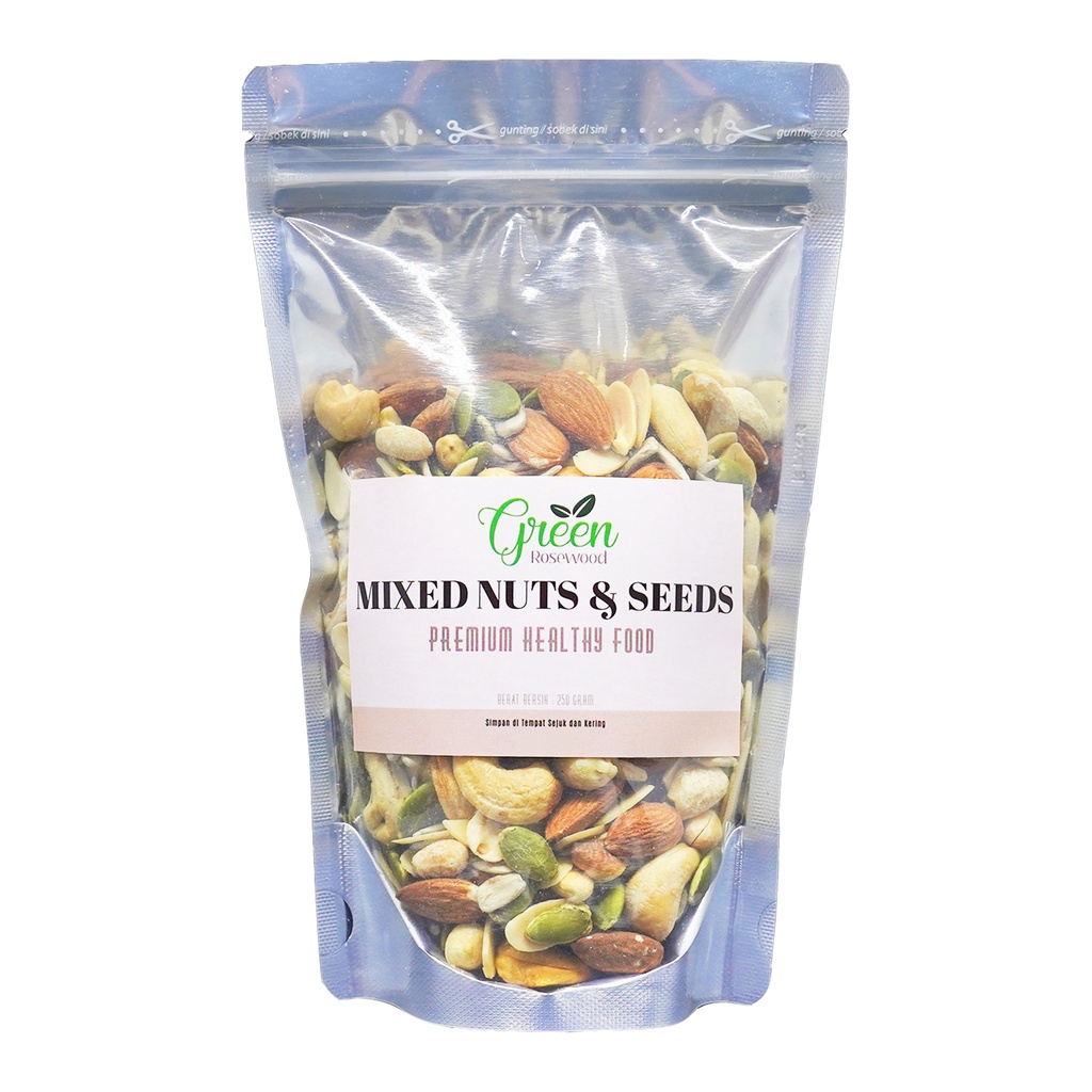 

TRAIL MIX GREEN ROSEWOOD 250GR/MIXED NUT ORGANIC 250 GR/roasted mixed nut premium 250 GRAM/trail mix cemilan sehat (Pumpkin seed panggang,kacang kupas panggang,mete panggang,almond slice panggang,almond panggang)