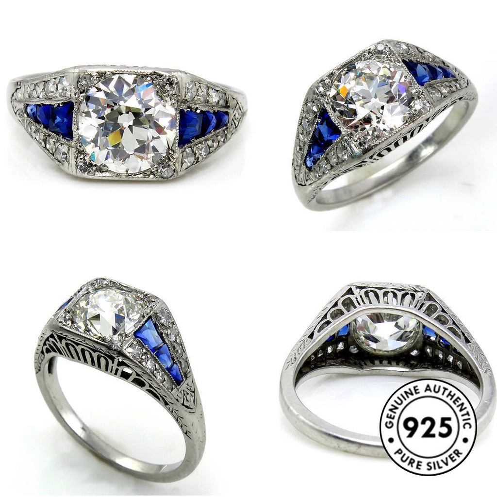 Cincin Sterling Silver 925 Dengan Berlian Kotak Warna Biru Untuk Wanita