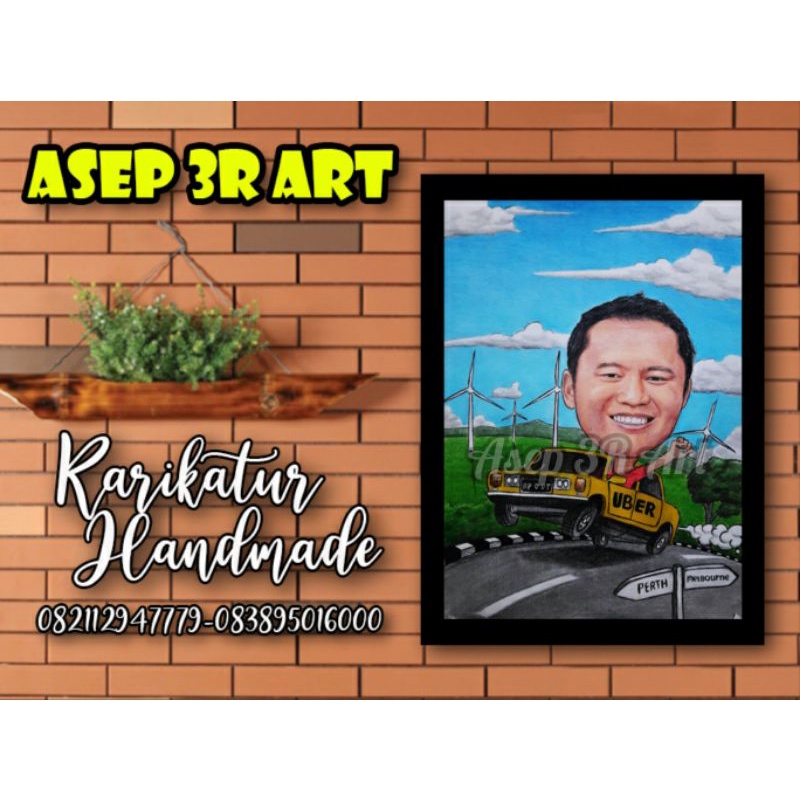 lukisan karikatur wajah 1 wajah A4 + bingkai kaca hadiah ulang tahun