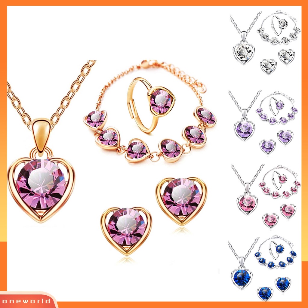 4pcs / Set Perhiasan Kalung Anting Gelang Cincin Liontin Hati Berlian Imitasi Berkilau Dapat Disesuaikan Untuk Wanita