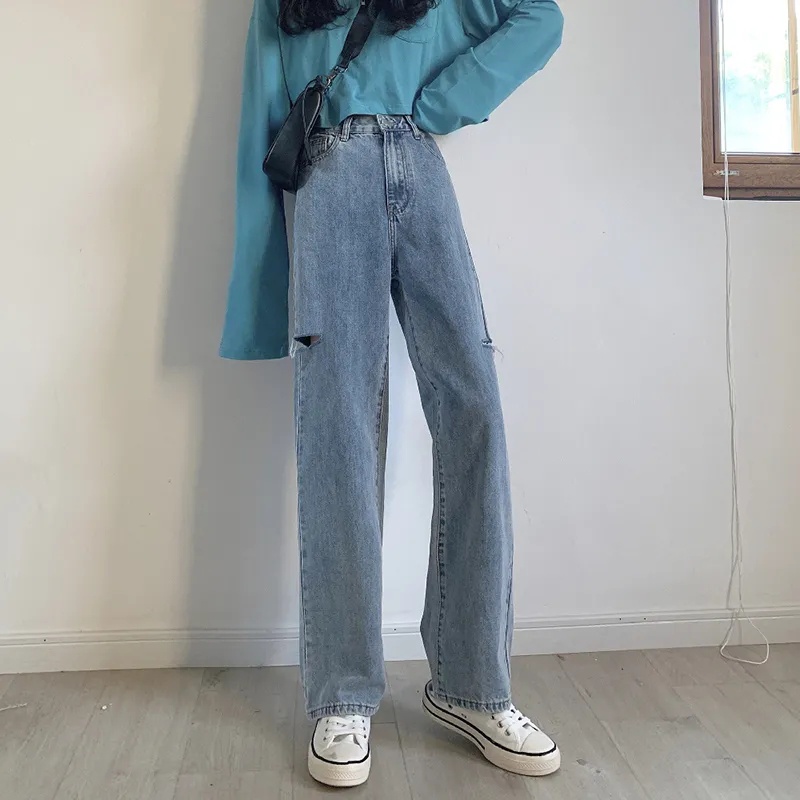 Ukuran Jumbo korean style new lubang biru muda kekinian high waist celana jeans panjang wanita