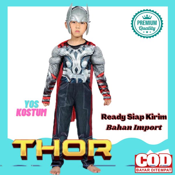 Kostum Anak Thor Import Busa Otot Baju Laki Cowok Cosplay Superhero Avengers Topeng Ulang Tahun