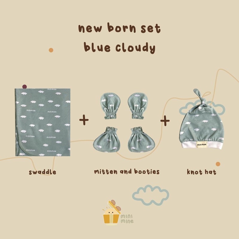 Minimine - New Born Set Print / paket bayi baru lahir berisi bedong sarung tangan kaki topi / selimut bayi / paket new born / swaddle / mitten and booties / knot hat / paket komplit bayi baru lahir / paket hemat murah