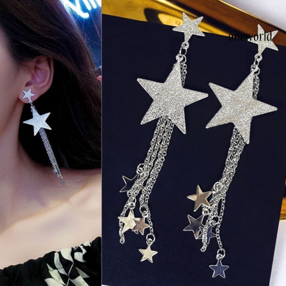 OW@ Women Five-Pointed Star Long Tassel Dangle Stud Earrings Piercing Jewelry Gift