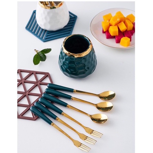 Jar Mug Keramik Tempat Sendok Teh Garpu Kue Set