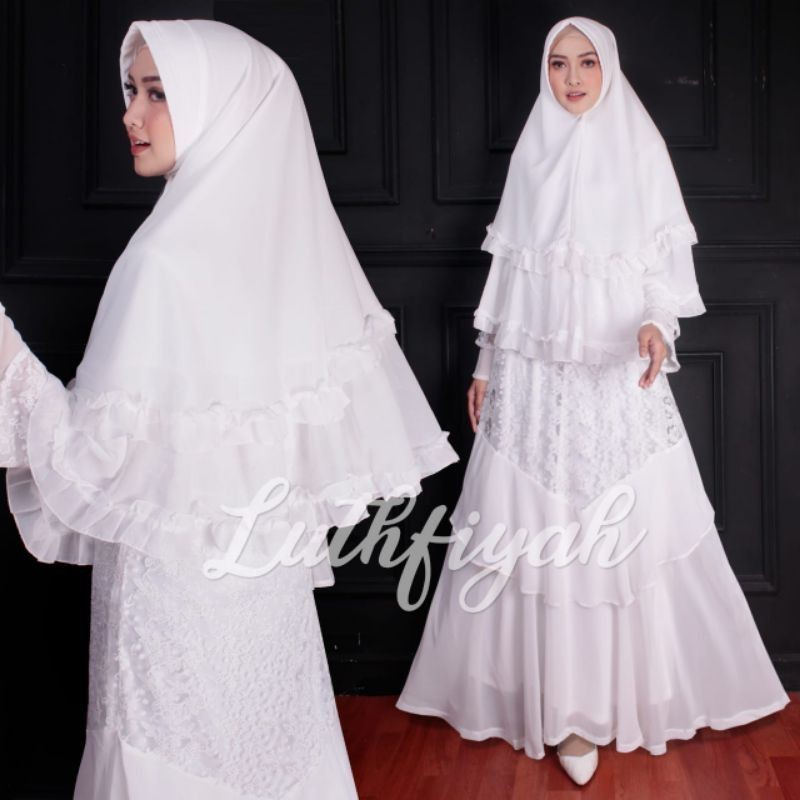 Dress Gamis Syari Ceruti Babydoll Motif Putih Terbaru Baju Muslim Wanita Mewah Elegan Luthfiyah