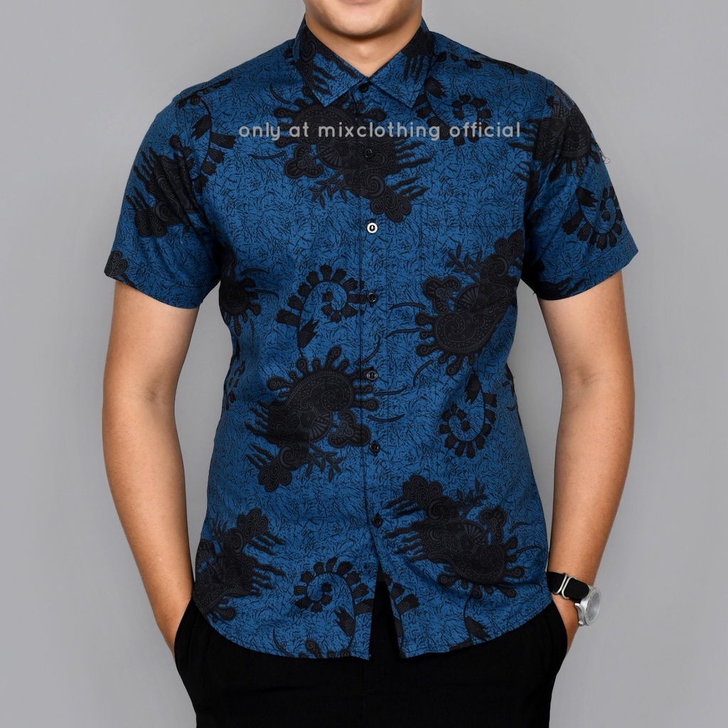 New Premium Baju Kemeja Batik Pria SlimFit Lengan Pendek Biru Vivid Blue 1832