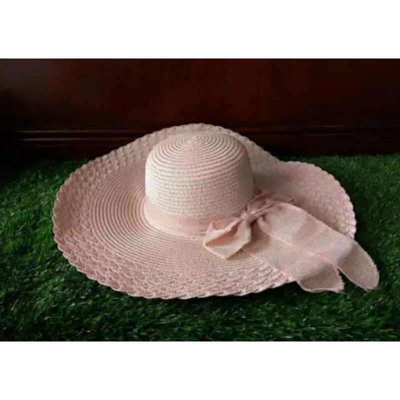 Topi pantai wanita rotan papper pita lebar