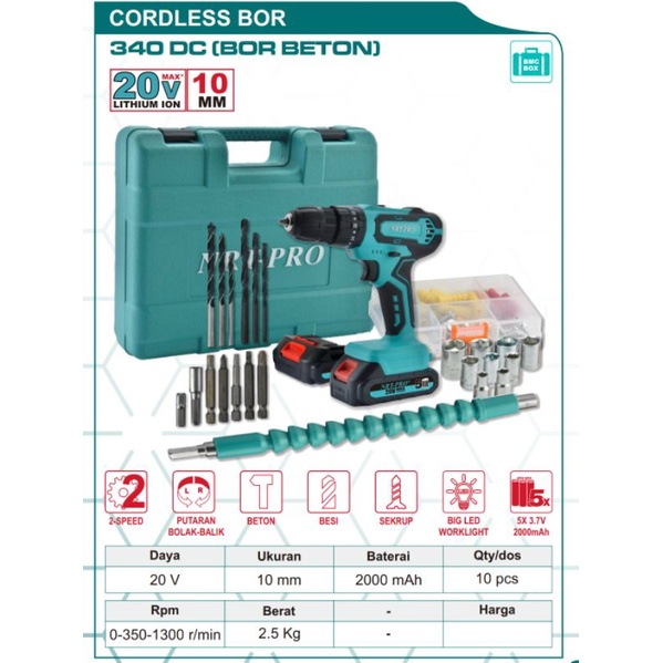 MESIN BOR CORDLESS 10MM BETON 20V NRT-PR 340DC