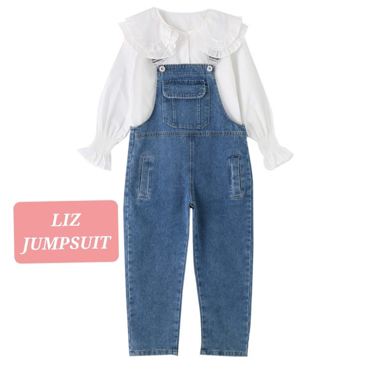 LIZ JUMPSUIT SET SETELAN OVERALL KEMEJA ANAK REWAJA CEWEK KOREA IMPORT JEANS DENIM