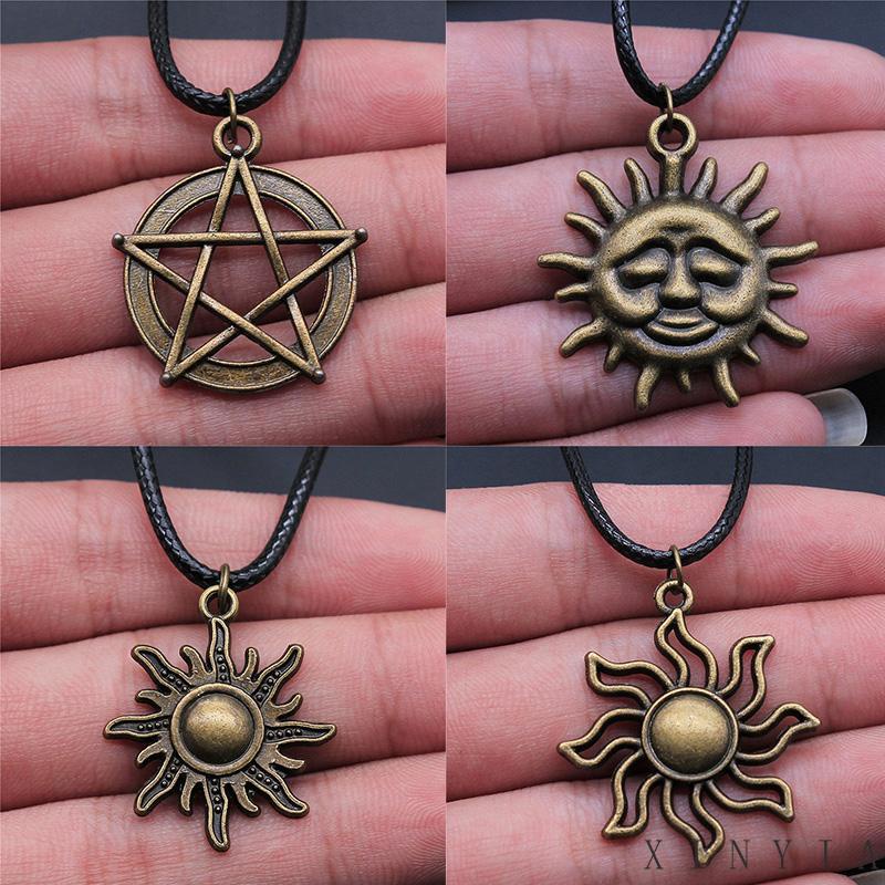 Kalung Rantai Kulit Dengan Liontin Matahari / Bunga / Pentagram Hollow Untuk Unisex