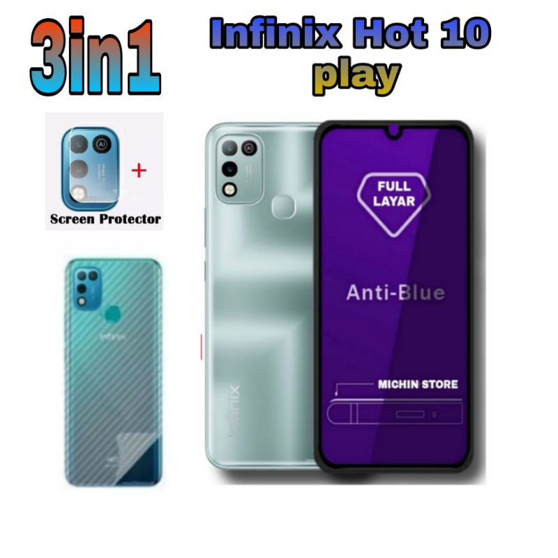 Paket 3in1 Tempered Glass Blue INFINIX HOT 11 PLAY Hot 9 Play Hot 10 PLAY Hot 10s Hot 10  NOTE 11S NOTE 11 PRO Anti Blue Light/Radiasi Full Layar