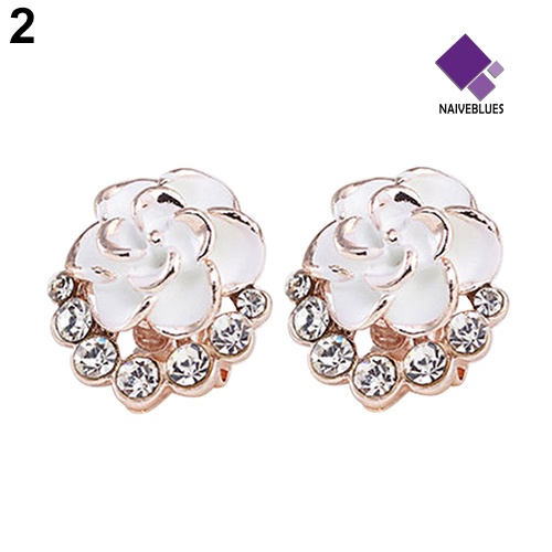 Anting Stud Bentuk Bunga Peony Camellia Bahan Alloy Aksen Berlian Imitasi Untuk Wanita