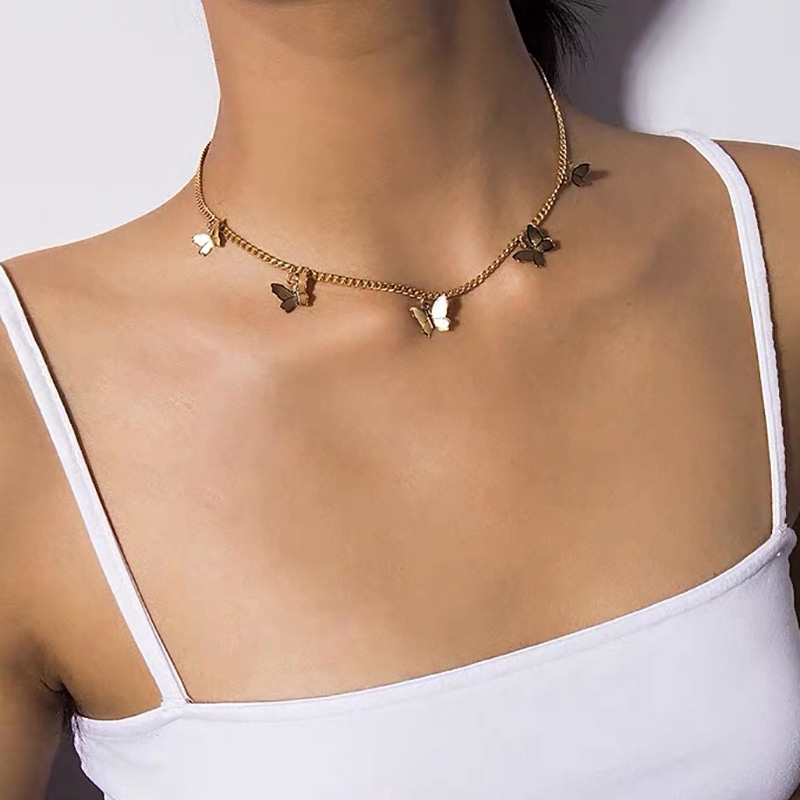 Kalung Rantai Choker Hias Liontin Kupu-Kupu Bintang Bahan Logam Warna Emas Perak Gaya Bohemian Untuk Wanita