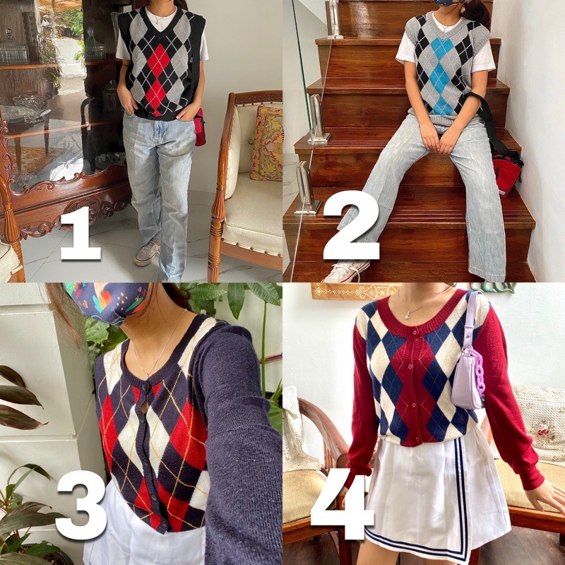 argyle vest rompi rajut, argyle cardigan kardigan ketupat