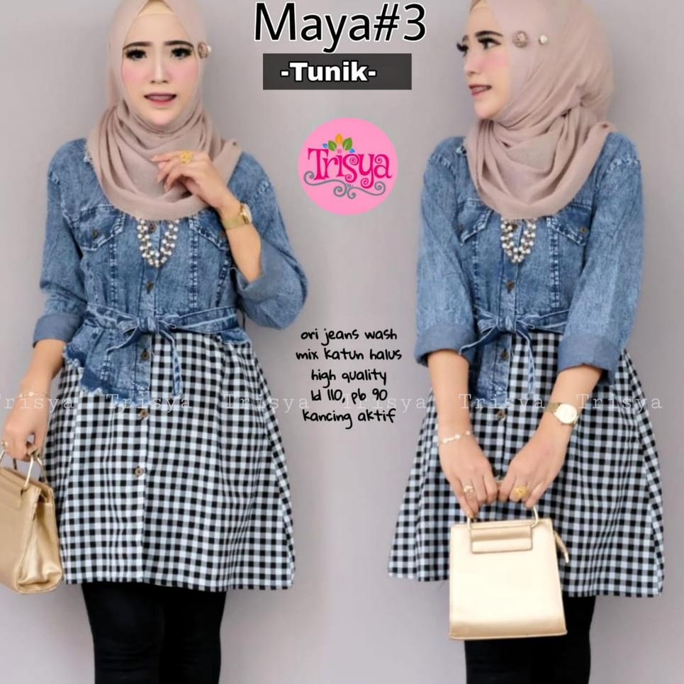 (Diskon) MELDY TOP MAYA TUNIK JEANS MIX SALUR KOTAK BR OI96 96