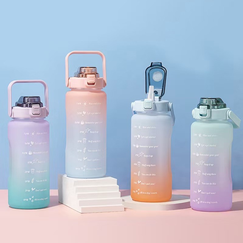 CINSTORE Botol Minum Jumbo Tritan Transparan Full Colour Olahraga Travel Motivasi Penanda Waktu Sport Water 1 2 Liter 1000 2000 Ml Botle Straw