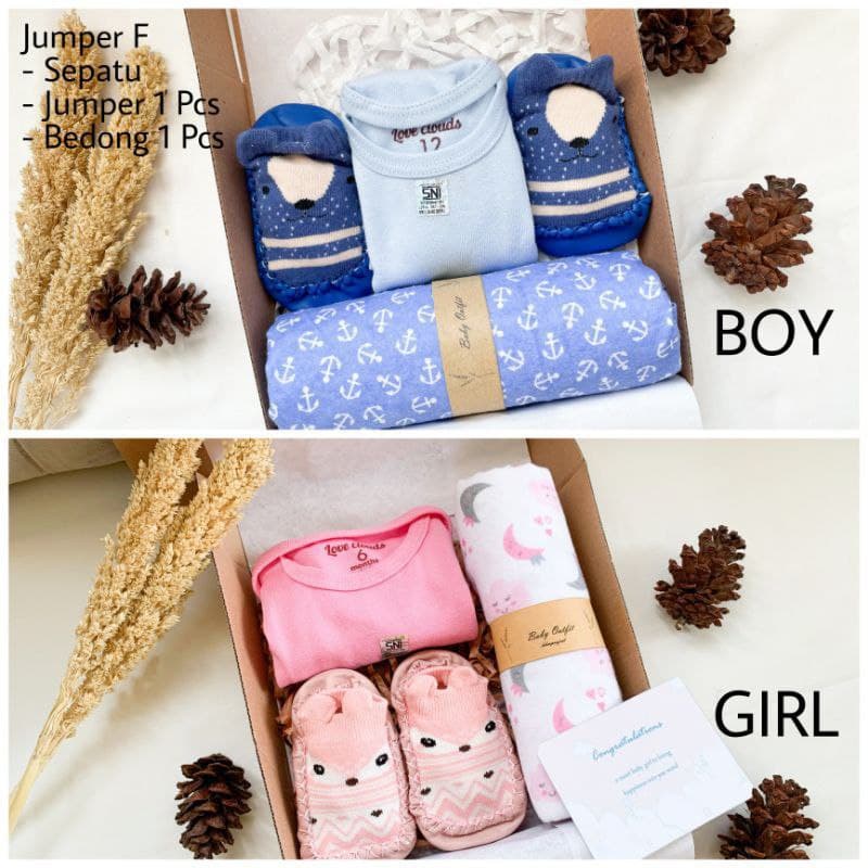 Hampers New Born Baby Boy/Girl Kado Bayi Lahir, Baju Bayi, Bedong, Gift Box Baby Jawa Timur Tengah Barat-Paket F