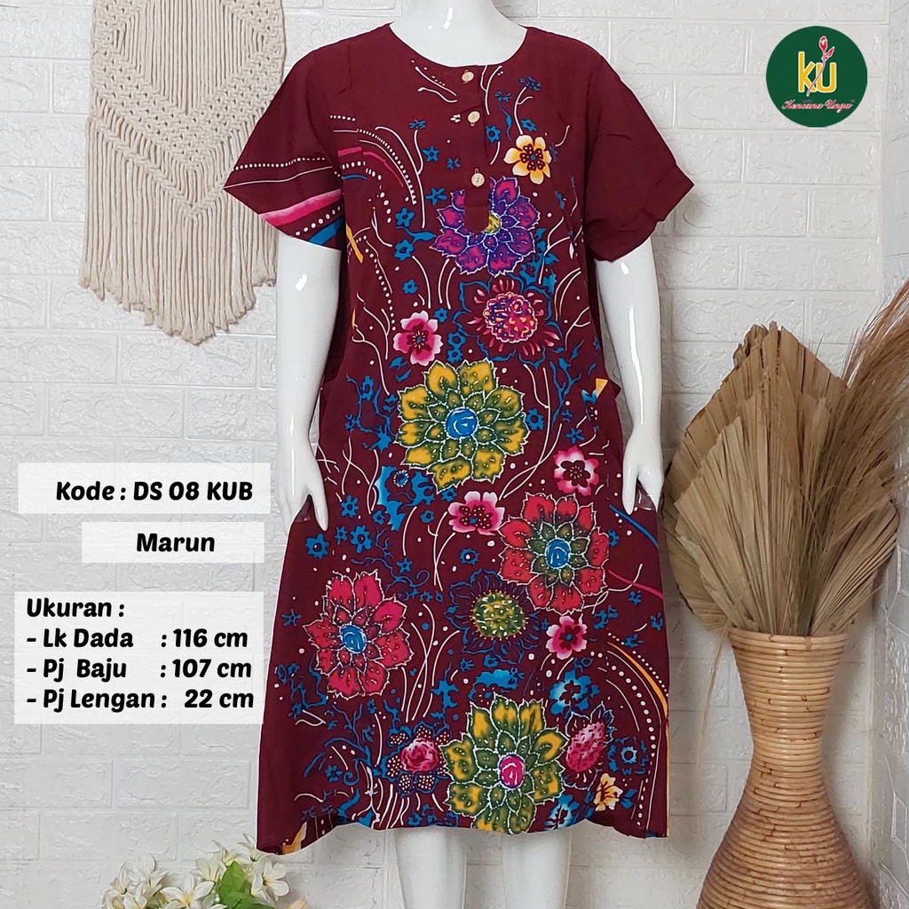 Bisa COD DS08 KUB | Daster Batik Kencana Ungu Asli Label Biru | Baju Santai Tidur Wanita Dewasa Kancing Depan Busui Friendly Motif Terbaru-Marun A