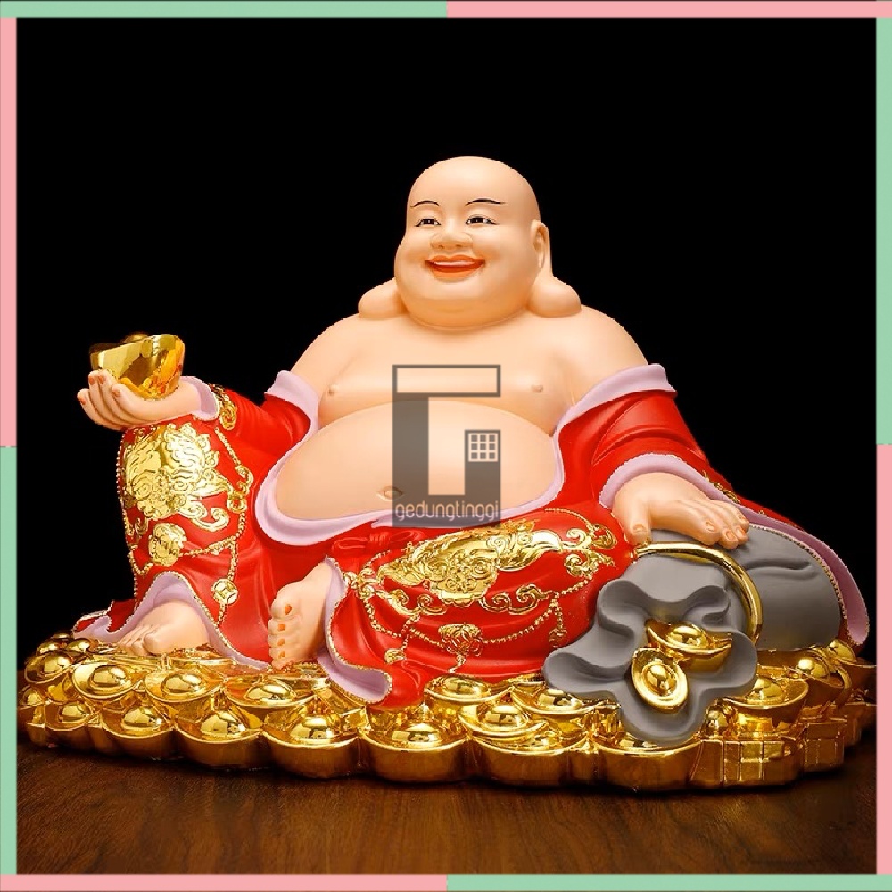 Patung Pajangan Hiasan Dekorasi Dewa Budha Buddha Julaihut Maitreya Matreiya Matreya Milefo Mi Le Fo Tertawa Hoki Rejeki Keberuntungan Yenpao Yuanbao Kantong Duit Uang Emas Meja Altar Hio Sembahyang Sembayang Hadiah Kado Imlek Sincia Cny 2023 Besar Jumbo