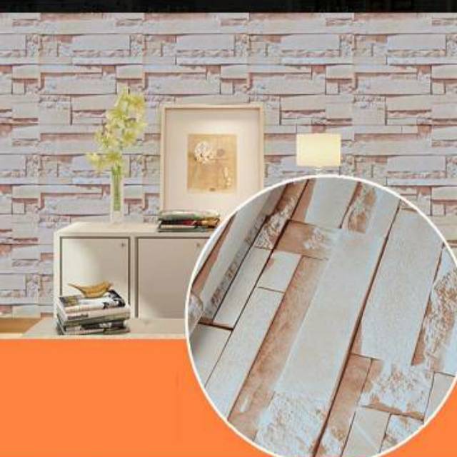 WALLPAPER DINDING MOTIF BATU ALAM ORANGE 10m x 45cm