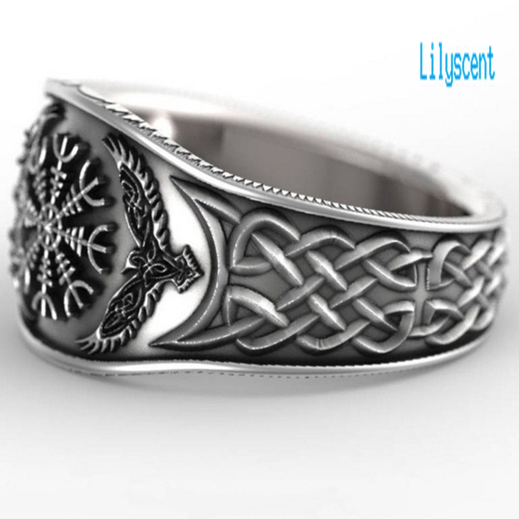 Lily Cincin Lebar Motif Ukiran Elang Kompas Bahan Alloy Warna Silver Untuk Pria