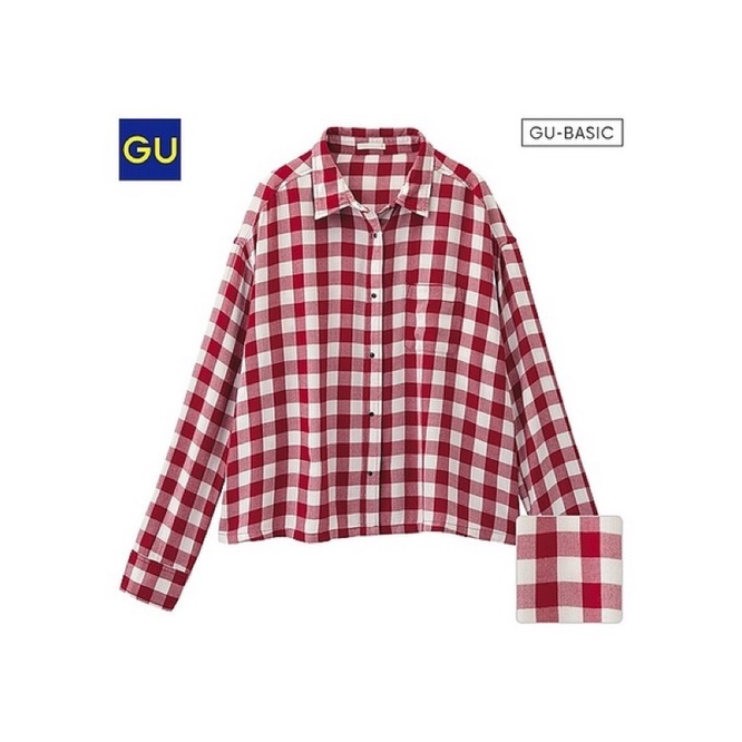Kemeja Wanita Casual Legan Panjang Kotak Kotak GU  Crop-Merah Kotak Crop