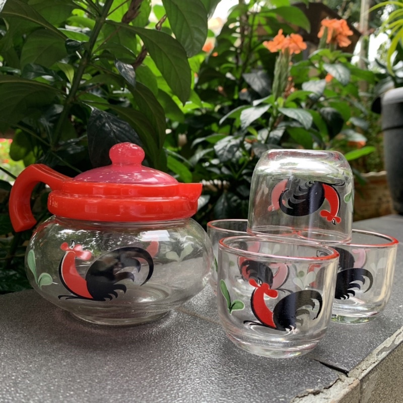 1 set Pitcher cap ayam | Teko Kaca Teh Mini Motif Ayam Kukuruyuk isi 5pcs Kado | teko motif ayam | t