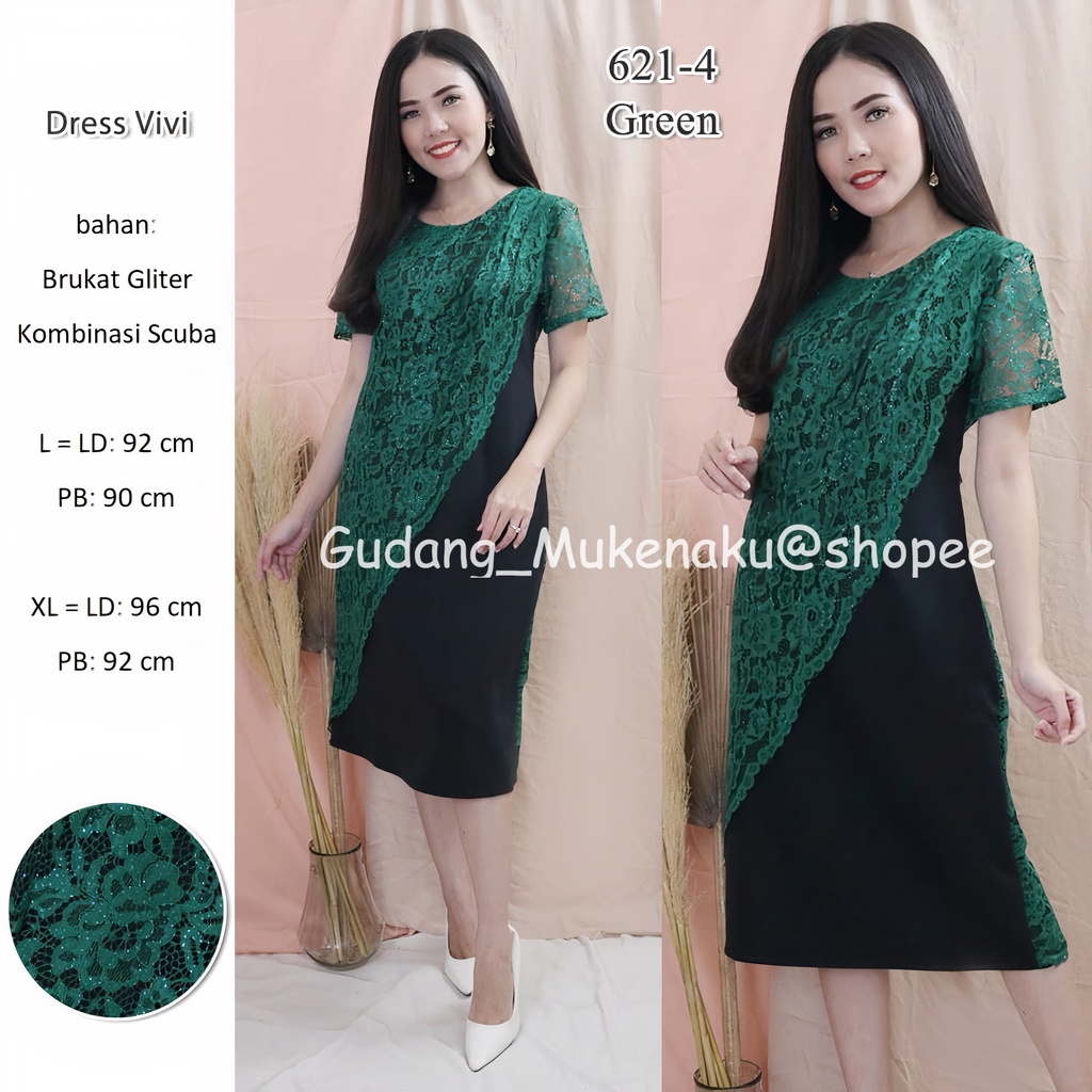 gudang_mukenaku Dress Vivi Bahan Brukat Gliter Kombinasi Scuba Pakaian Fashion Wanita Dewasa Terbaru Premium COD bisa bayar di tujuan